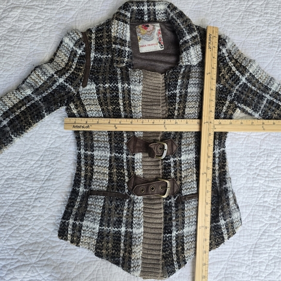 Free People Plaid Buckle Brown Cardigan Sweater Jacket Shabby Chic - Picture 14 of 16